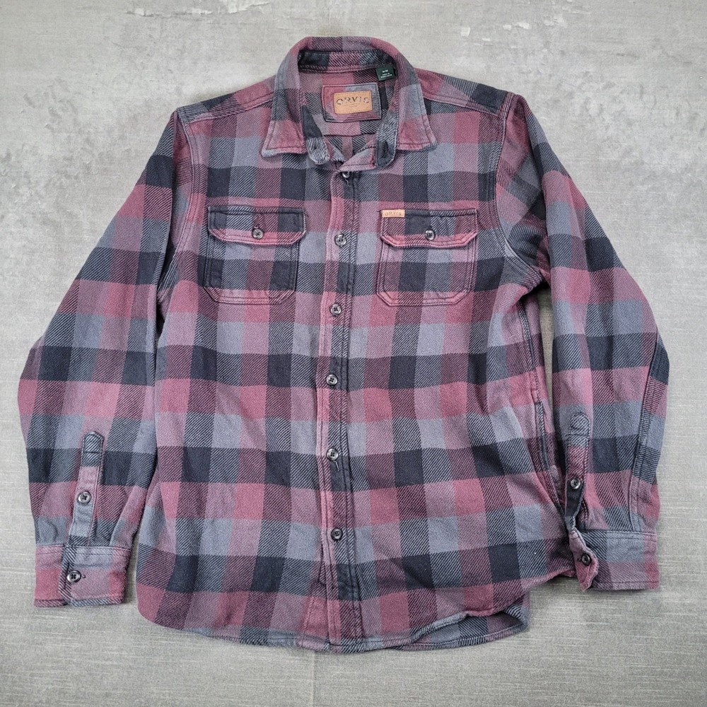 Orvis Classic Mens Heavy Flannel Shirt Plaid Medium Button Up Burgundy